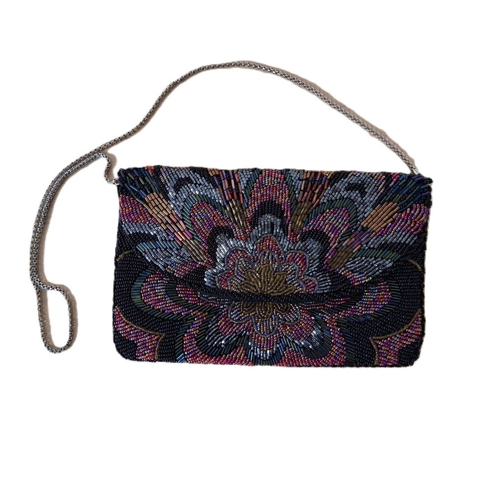VTG La Regale Multi-Color Seed-Beaded Evening Clutch Bag w/ Hidden Chain Strap